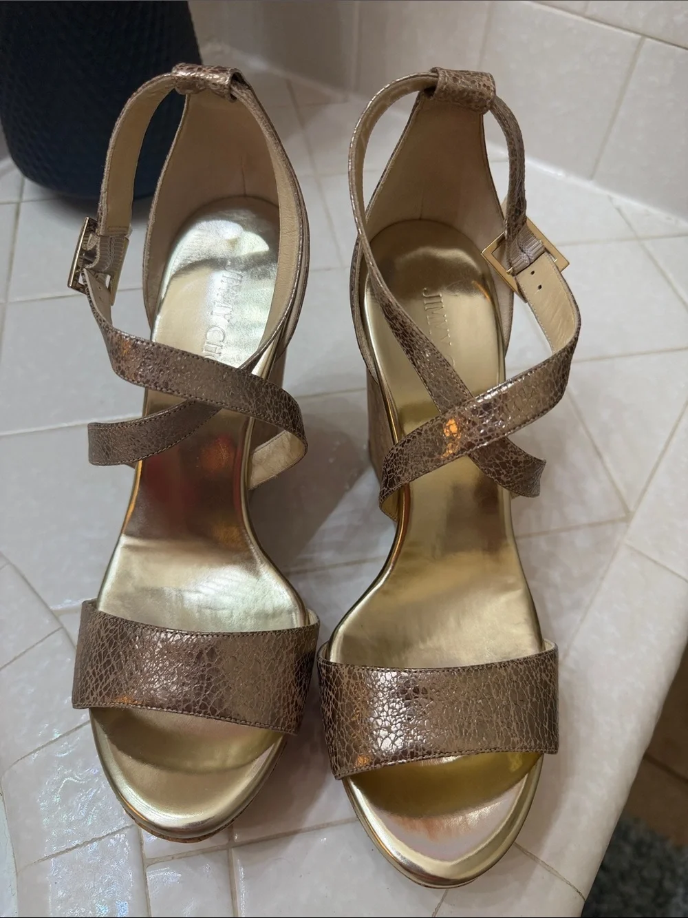 Jimmy Choo Metallic Rose Gold Crisscross Platform Sandals